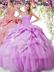 Luxurious pick ups vestidos de fiesta quinceañera vestidos de organza lila y tafetán sin mangas longitud del piso hasta encaje
