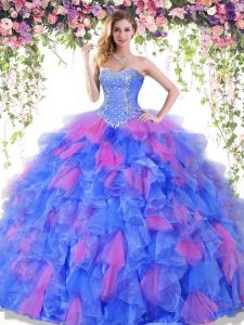 Los vestidos de bola multi-color lindos que rebordean y rizan el vestido del 15to cumpleaños atan para arriba la longitud sin mangas del piso del organza