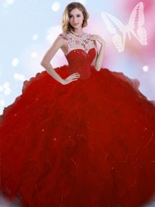 Modest vestidos de baile vestido de quinceañera de vino rojo de cuello alto de tul sin mangas de la longitud del piso de cremallera