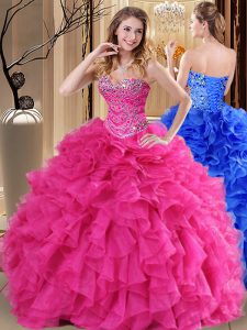 Los vestidos de bola del color de rosa del claro que rebordean y rizan el vestido dulce 16 atan para arriba la longitud sin mangas del piso del organza