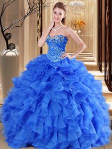 Vestido de quinceañera dulce 16 de los vestidos de bola suntuosos de la longitud del piso sin mangas de Tulle del amor del azul real atan para arriba