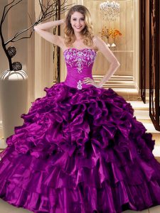 Púrpura sin mangas piso longitud bordados y volantes de encaje hasta 15 vestido de quinceañera