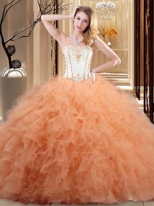Flare naranja vestidos de baile bordado y capas volantes dulce 16 vestidos de encaje hasta organza longitud del piso sin mangas