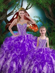 Organza púrpura de berenjena ata hasta los vestidos de bola del membrillo longitud sin mangas del piso que rebordea y ruffles