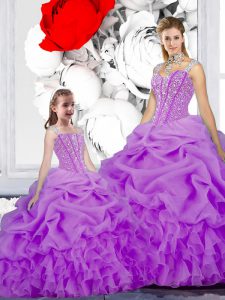 Correas brillantes longitud sin mangas del piso del organza atan para arriba dulce 16 vestido en púrpura con rebordear y volantes y recogidas