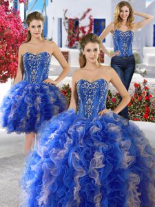 Diseñador de tres piezas de organza azul ata hasta vestidos de quinceañera sin mangas de longitud de piso perlas