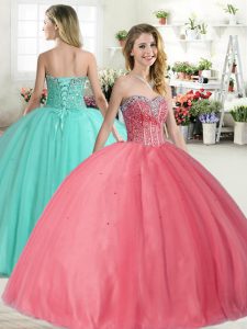 Los vestidos de bola rosados ​​maravillosos que rebordean los vestidos de bola del membrillo atan para arriba la longitud sin mangas del piso de Tulle