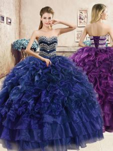 Los vestidos de boda azules fabulosos del organza del melocotón sin mangas del organza rebordean y rizan la longitud del piso atan para arriba los vestidos dulces 16