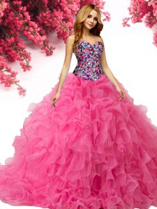 Los vestidos de bola del color de rosa caliente organza el rebordear sin mangas del amor del organza y la longitud del piso de las colmenas atan para arriba el vestido del baile de fin de curso del vestido de bola