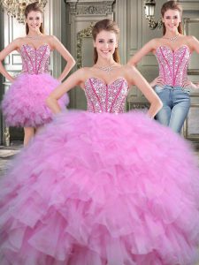 Los vestidos de partido de la bola de tres piezas de la alta calidad quinceanera viste la longitud sin mangas del piso de Tulle del amor de la lila atan para arriba