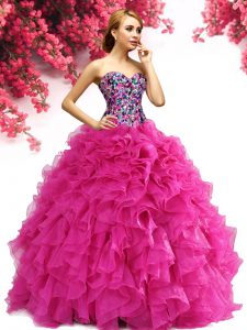 De lujo de organza de color rosa encaje hasta el vestido de baile vestido de fiesta sin mangas longitud del piso perlas y volantes