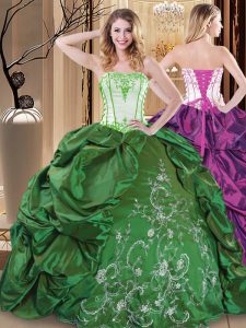 Tafetán verde encaje hasta 15 vestido de quinceañera sin mangas piso longitud bordado
