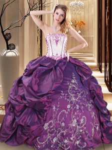 Sin mangas sin mangas encaje hasta 15 vestido de quinceañera púrpura tafetán