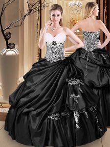 Modernos vestidos de bola negro apliques y pick ups vestido de quinceañera hasta el tafetán longitud del piso sin mangas