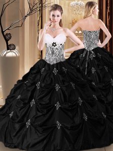 Captivating piso longitud negro dulce 16 vestido de quinceañera tafetán sin mangas apliques y recoger y patrón